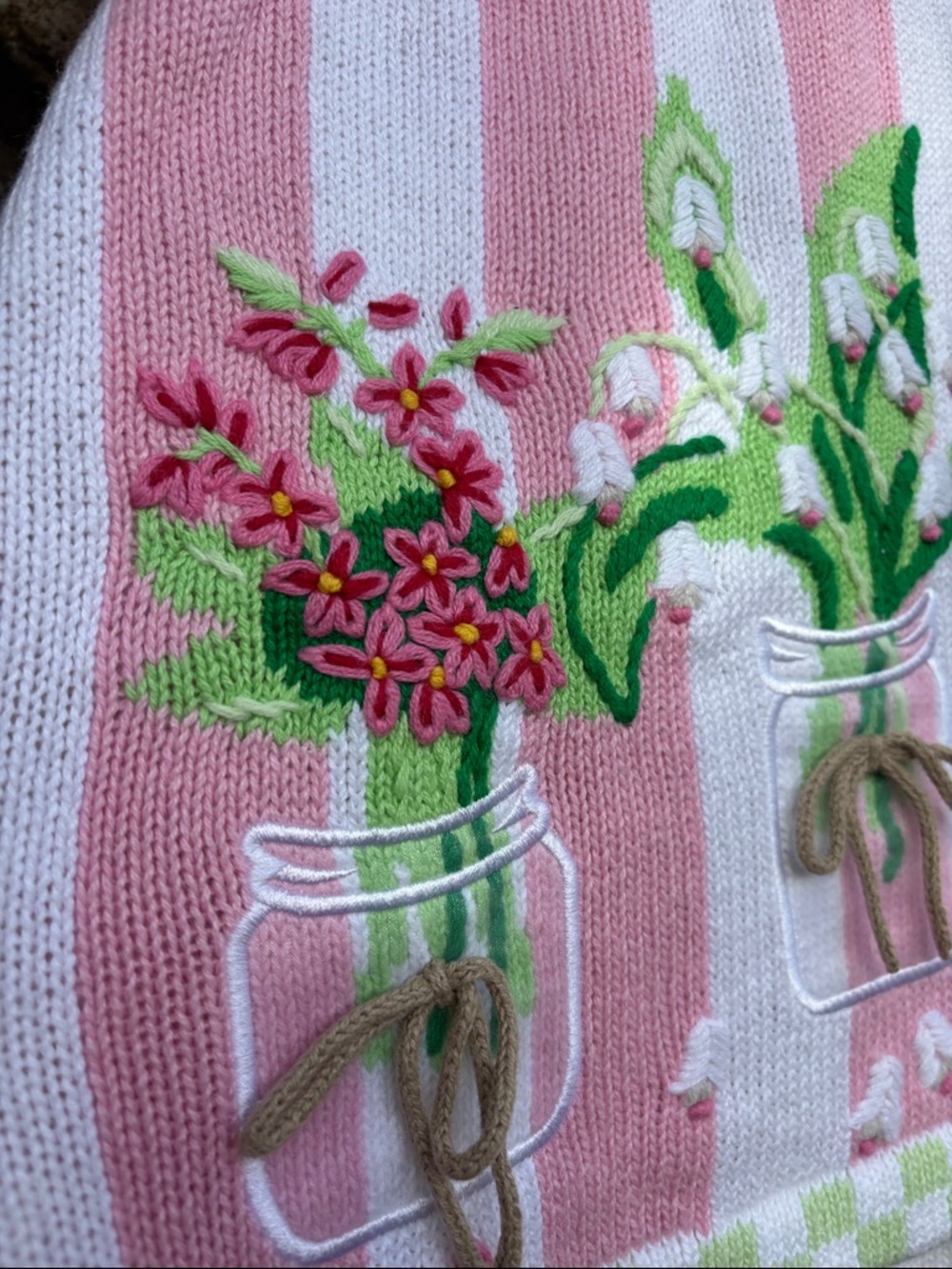 Vintage Pink & White Striped Embroidered Short-Sleeve Cardigan with plants - Picture 2 of 7
